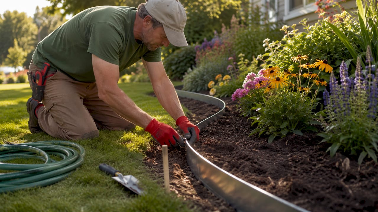 Gardener installing clean garden edging