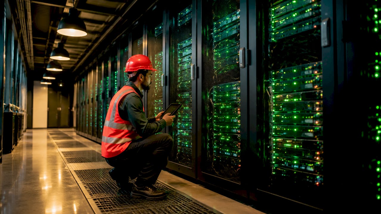 Why Invest in Tech Stocks: Your 2026 Growth Guide 2026 Lizard's Lunch Engineer inspecting data center AI servers