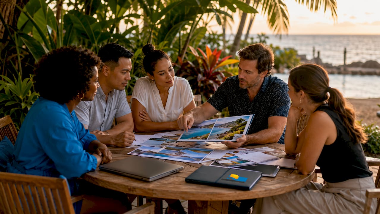 Team discussing group corporate travel itinerary