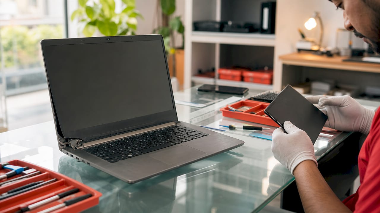 Cracked laptop hinge with repair tools nearby