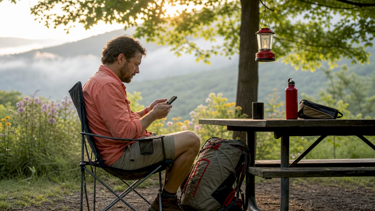 Man checking Shenandoah campsite availability on phone
