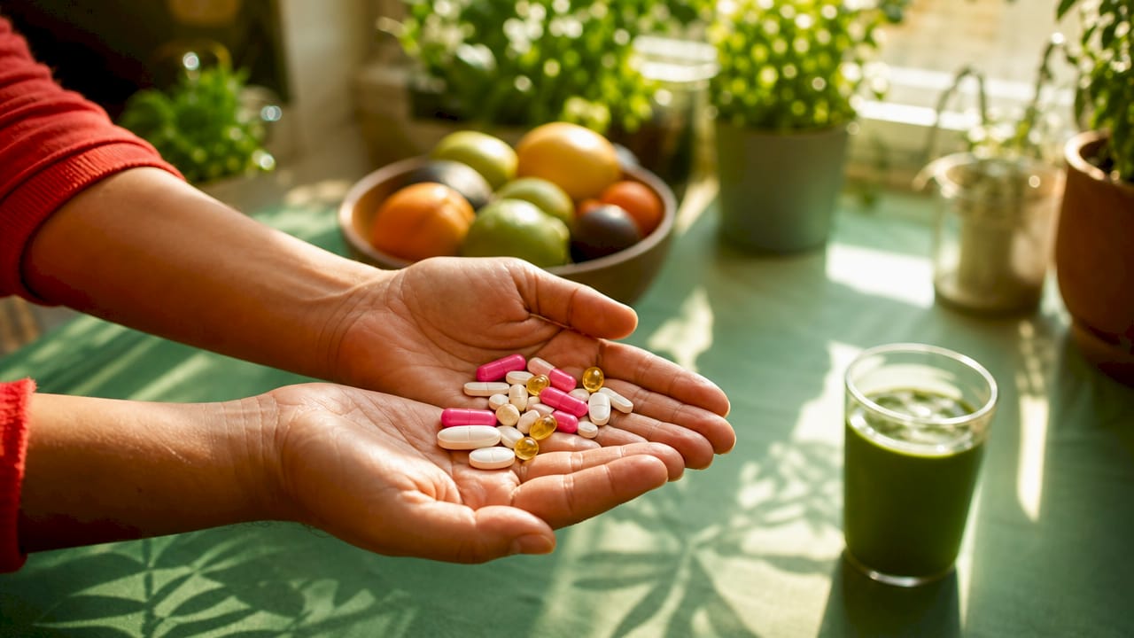 Close-up of hands holding calcium and magnesium pills