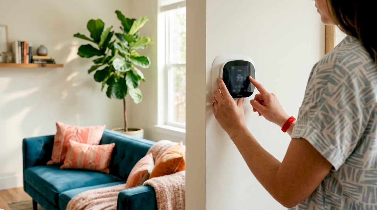 Hands adjusting programmable thermostat dial