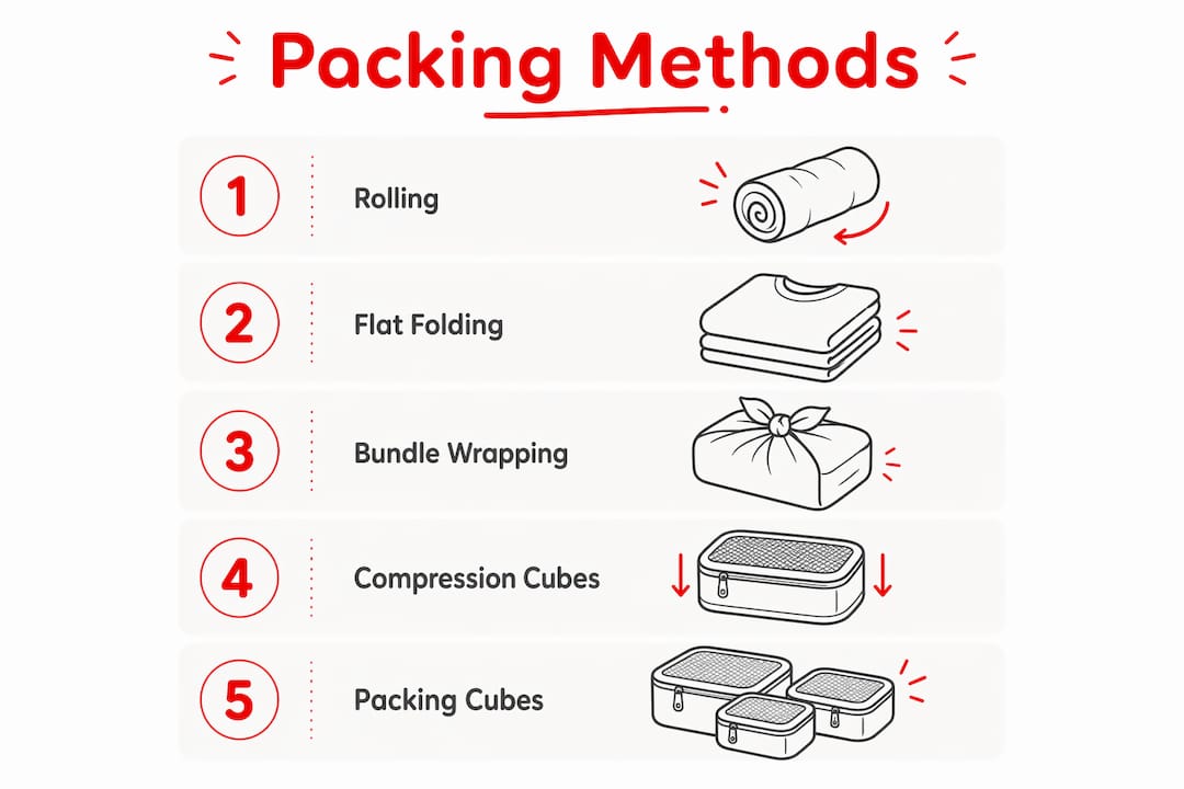 Guide to Packing Light: Minimalist Travel Tips for 2026 2026 Lizard's Lunch Infographic showing top minimalist packing methods
