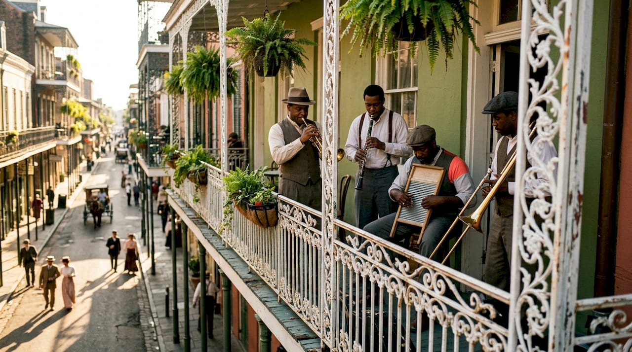 Definition of Jazz Music: A Complete Guide for Enthusiasts 2026 Lizard's Lunch Historic New Orleans musicians on porch