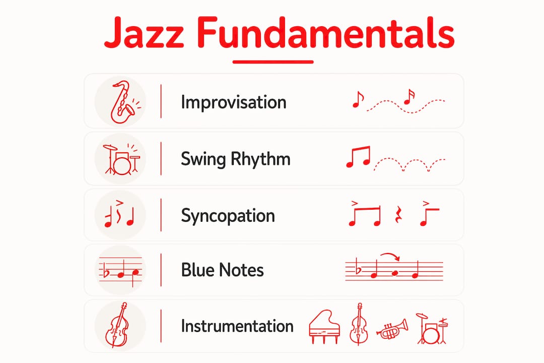 Definition of Jazz Music: A Complete Guide for Enthusiasts 2026 Lizard's Lunch Infographic showing jazz music core characteristics