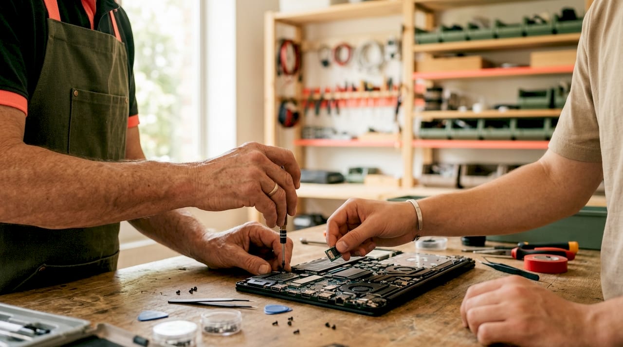 Why Buy Refurbished Gadgets: Save Money and the Planet 2026 Lizard's Lunch Hands repairing laptop motherboard in workshop