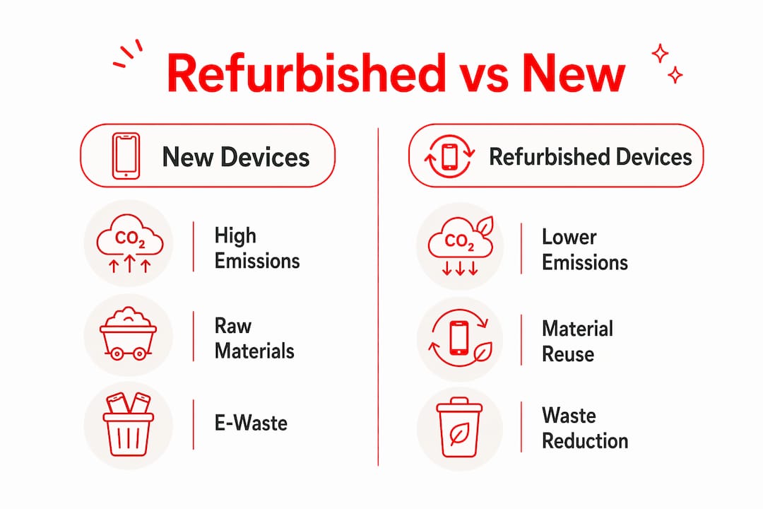 Why Buy Refurbished Gadgets: Save Money and the Planet 2026 Lizard's Lunch Infographic comparing environmental impact new vs refurbished