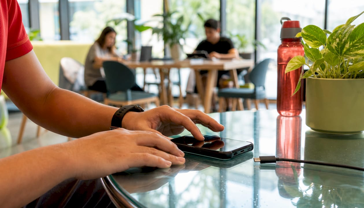 Close-up hands stopping game on phone in cafe