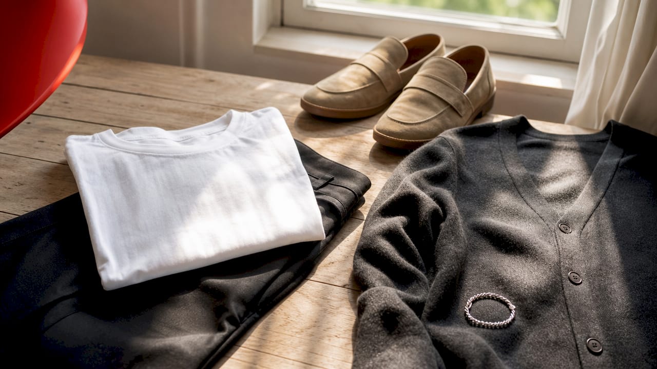 Flat lay of essential wardrobe pieces