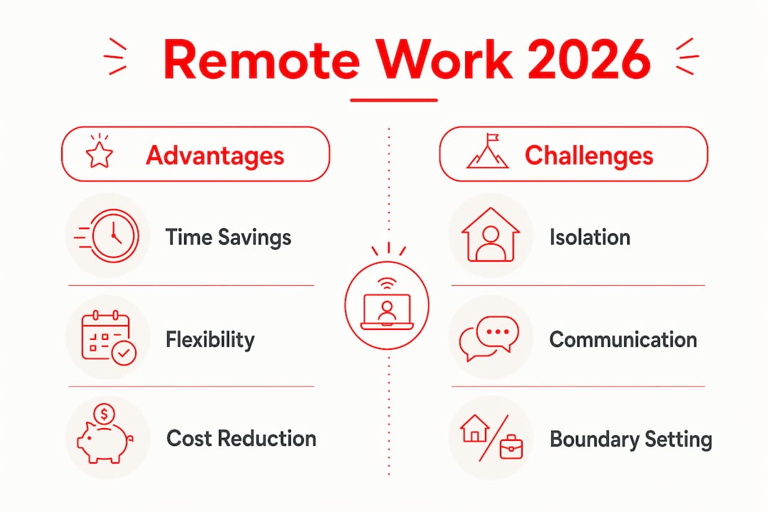 What Is Remote Work: Your Practical 2026 Guide 2026 Lizard's Lunch Infographic comparing remote work advantages and challenges