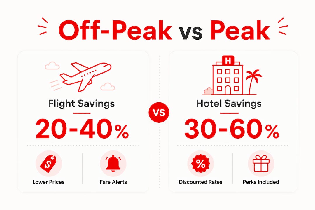 Why Travel Off-Peak: Save More and See More 2026 Lizard's Lunch Infographic comparing off-peak vs peak travel savings