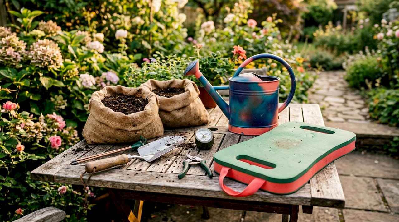 Step by Step Gardening Guide for Beginners 2026 Lizard's Lunch Soil preparation tools arranged on garden bench overhead view