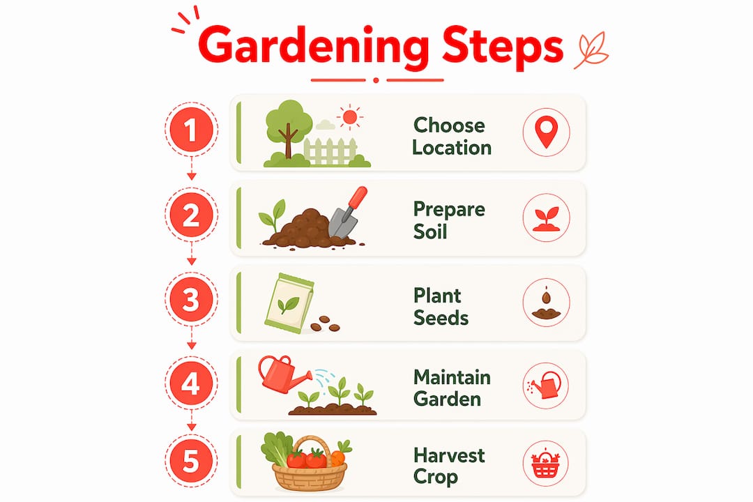 Step by Step Gardening Guide for Beginners 2026 Lizard's Lunch Infographic illustrating stepwise gardening process