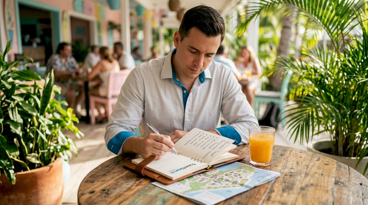 Business Travel Transportation Checklist for Caribbean and Mexico 1 Close-up checklist and phone on tropical resort lounge table