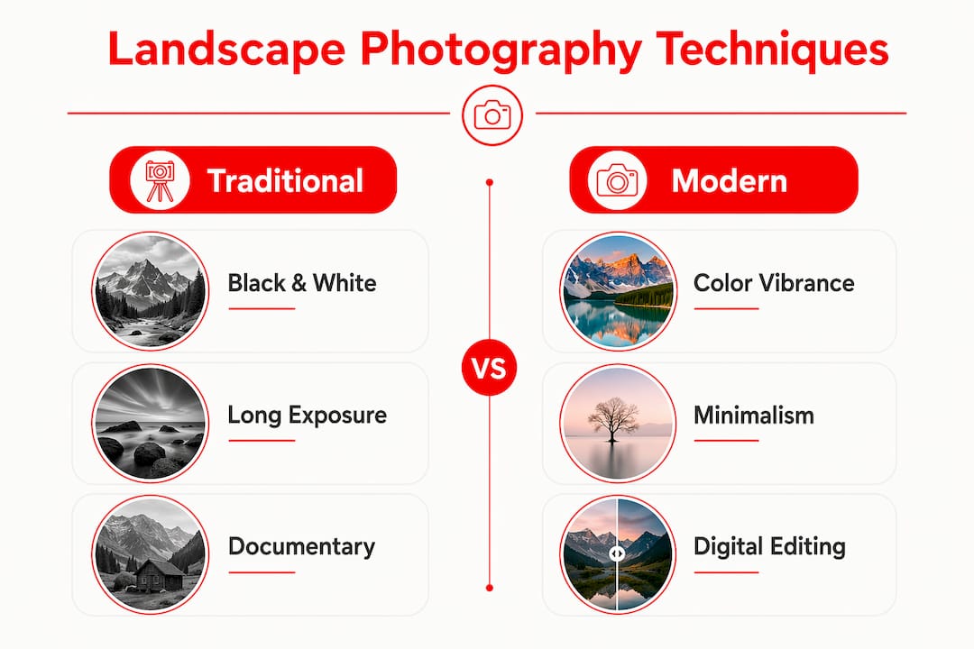 Infographic contrasting traditional and modern landscape photography techniques