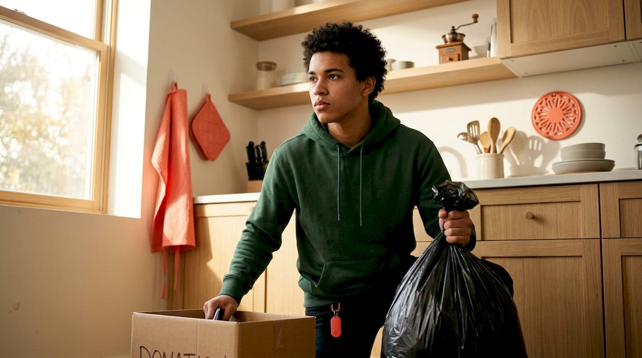 Man decluttering small bathroom space