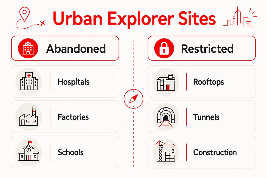 What Is Urban Exploration? Your Complete 2026 Guide 2026 Lizard's Lunch Infographic comparing abandoned and restricted urban exploration sites