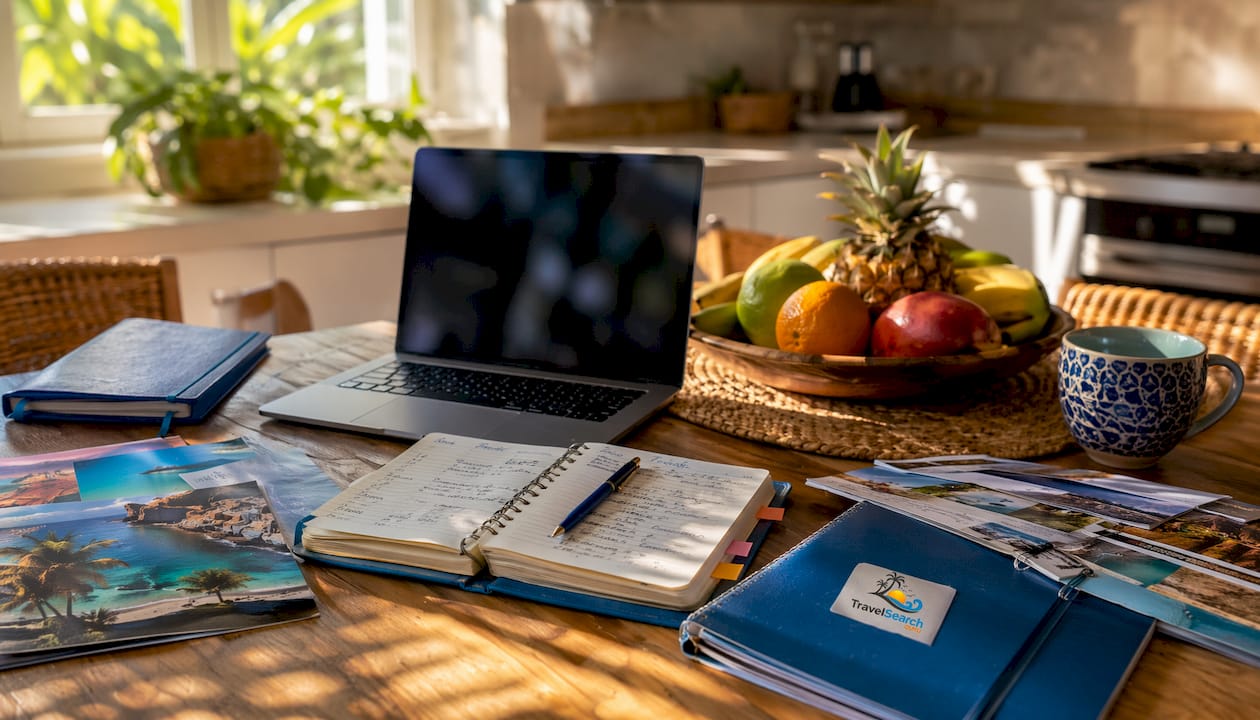 Planner's desk with travel planning materials