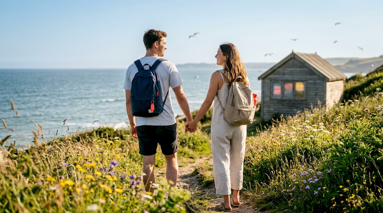 Couple walking countryside dirt path at sunset