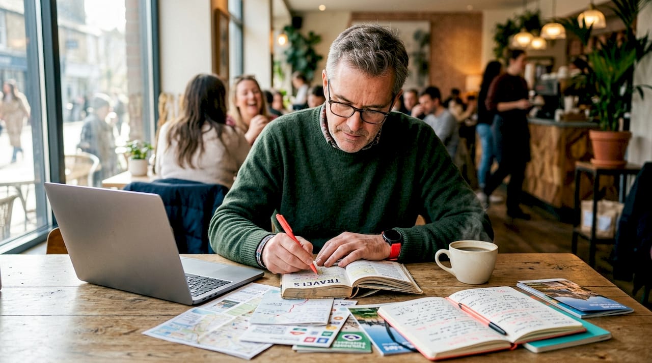 Man planning trip at kitchen table with maps