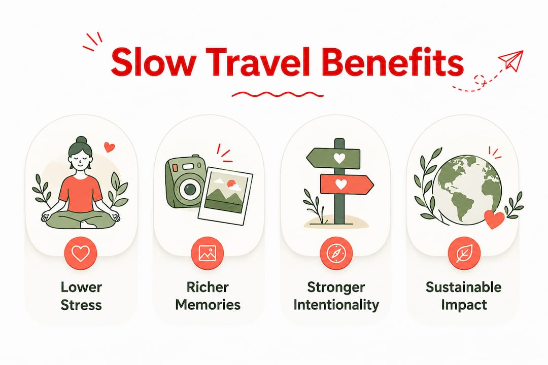 Infographic showing key benefits of slow travel