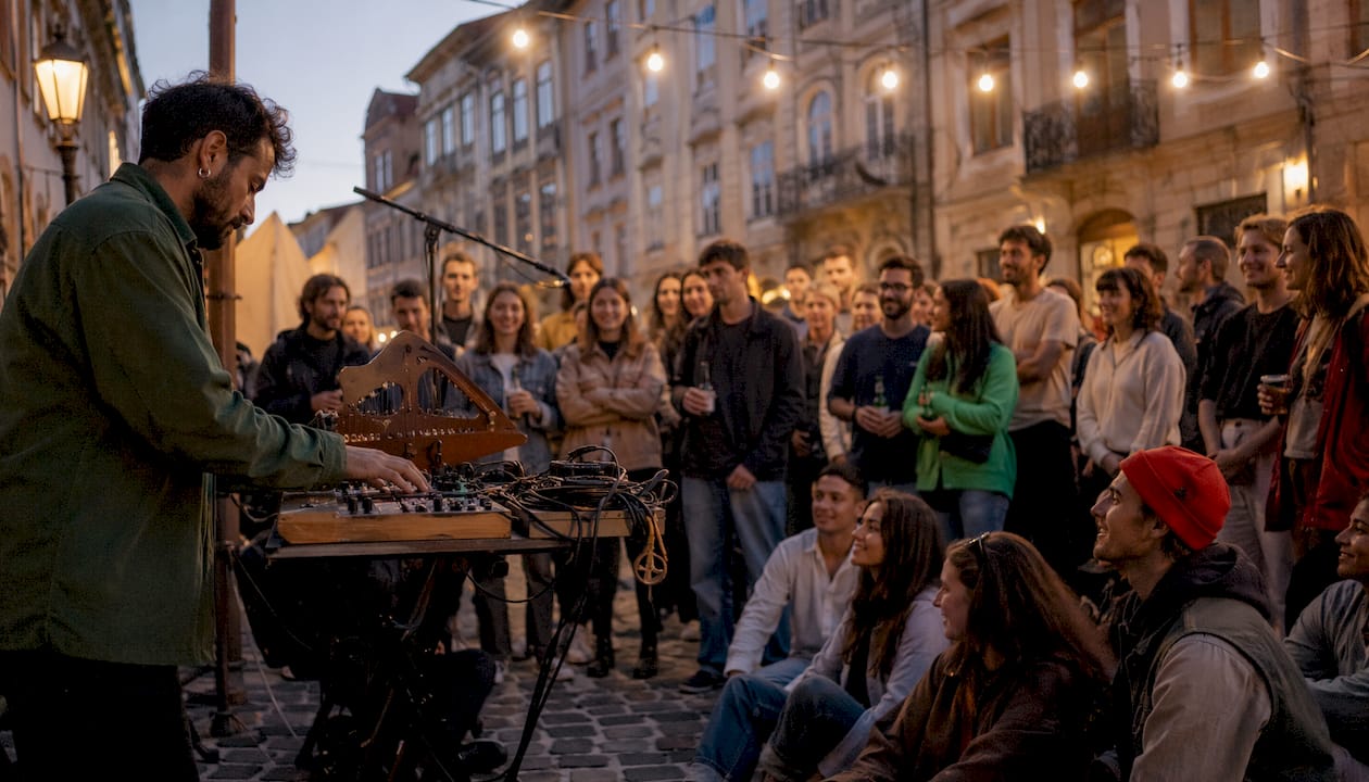 Urban European music scene outdoors at dusk