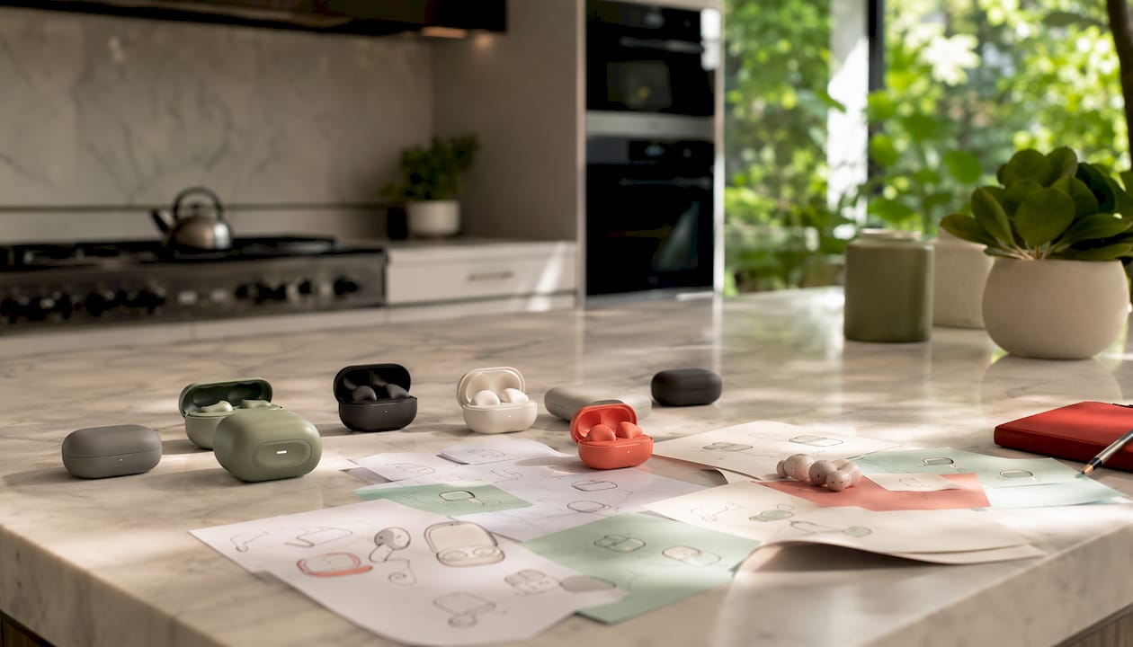Overhead view of earbuds and spec sheets on table