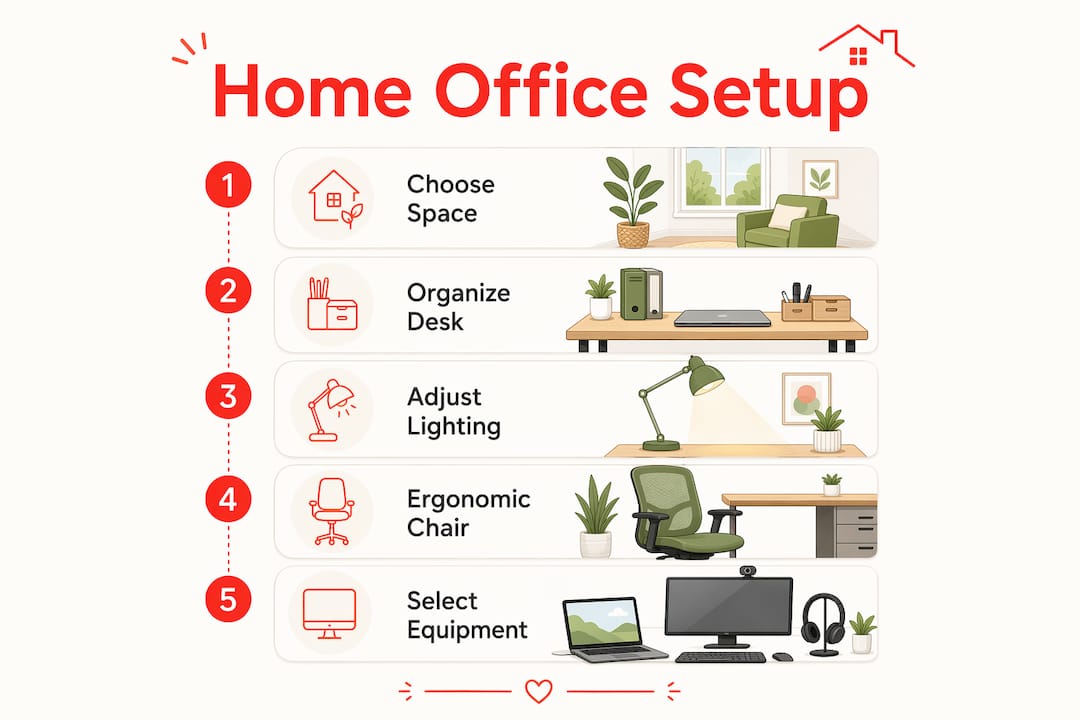 Work From Home Setup Guide: Build Your Best Home Office 2026 Lizard's Lunch Infographic of key home office setup steps