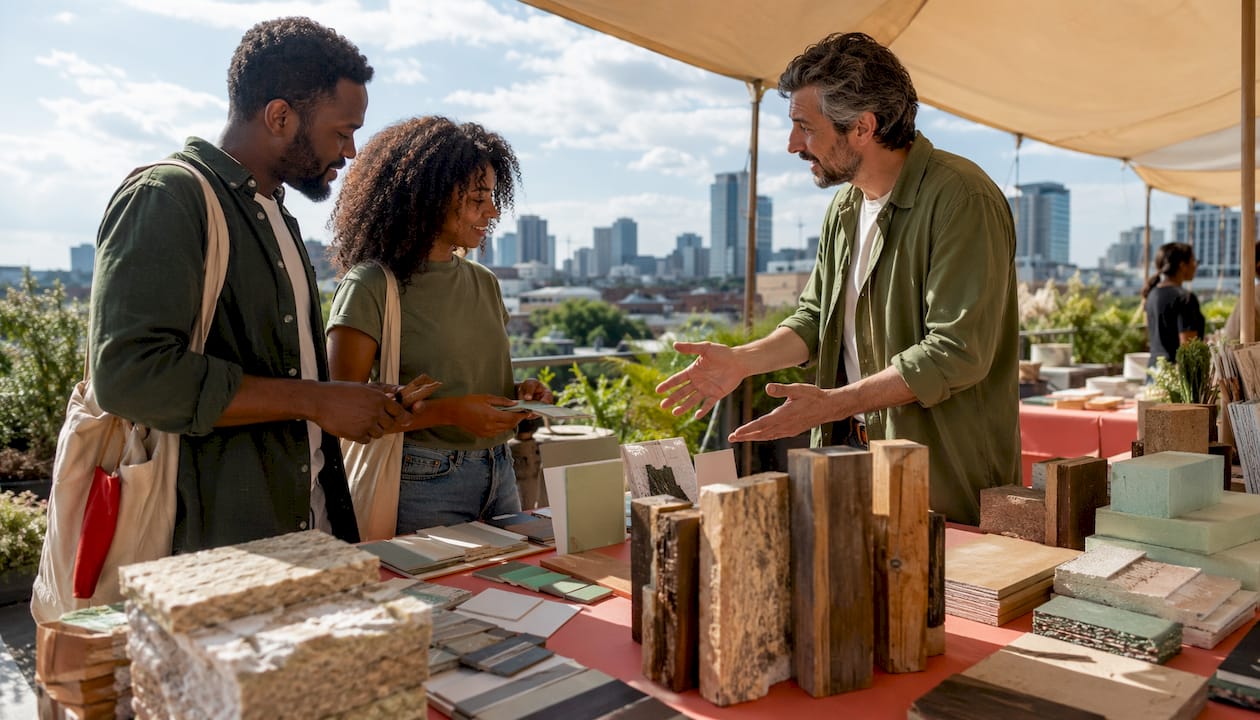 Couple choosing eco-friendly building materials at market
