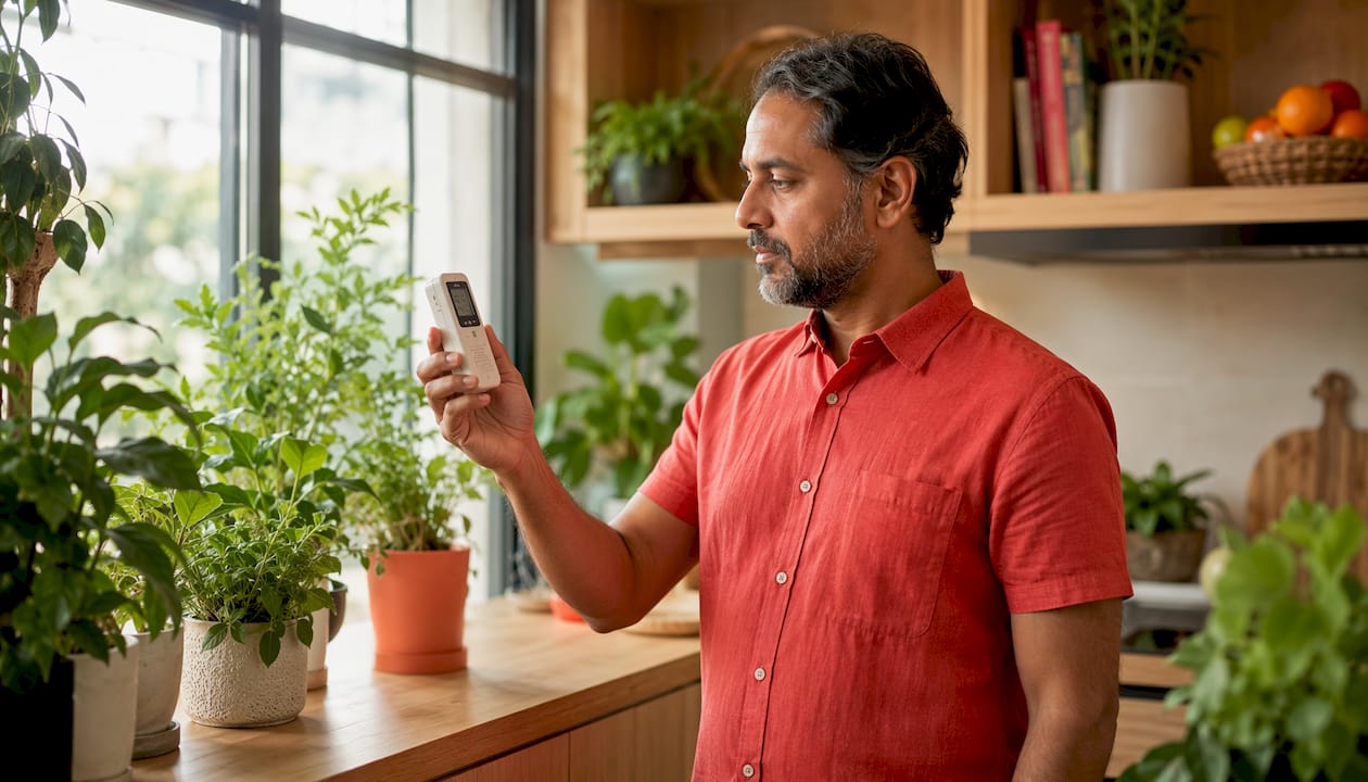Man measuring indoor air quality in eco-friendly room