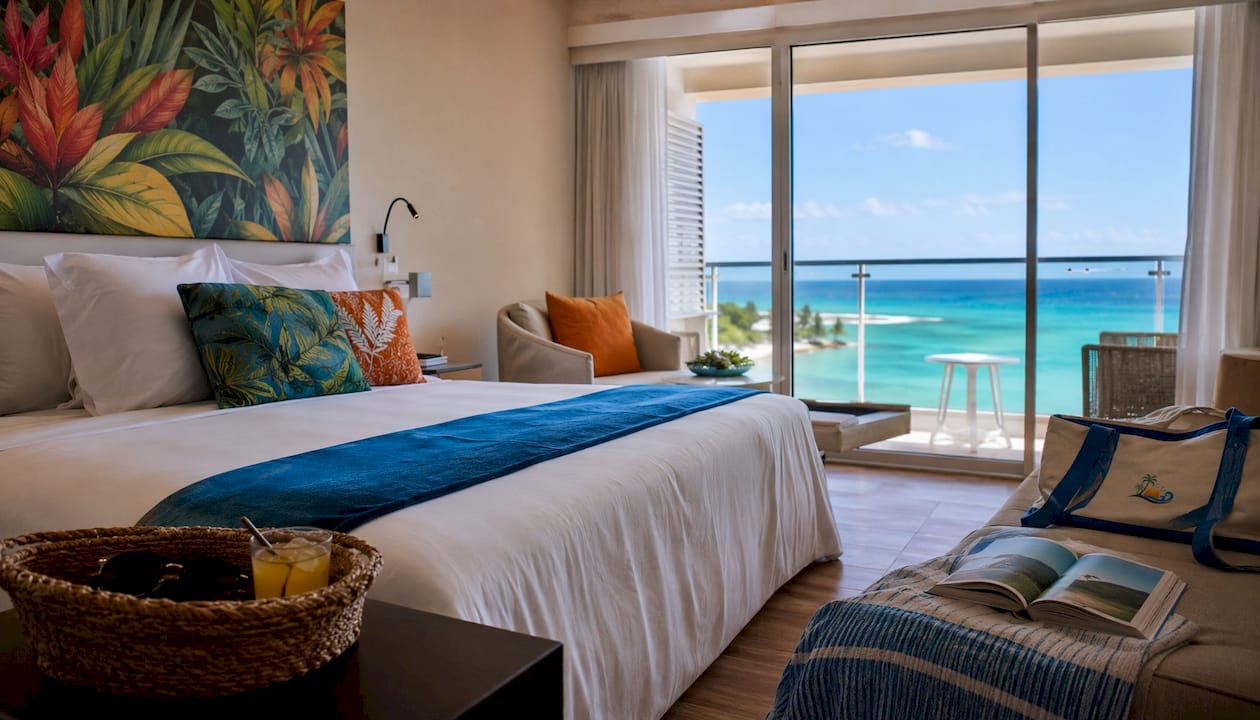 Interior of corner resort suite with ocean view balcony