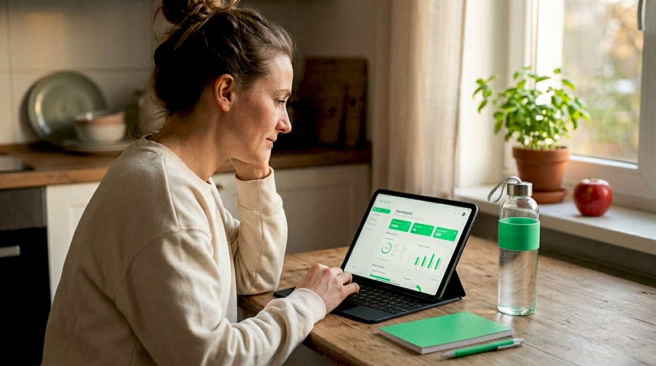 Woman planning health routine at kitchen table