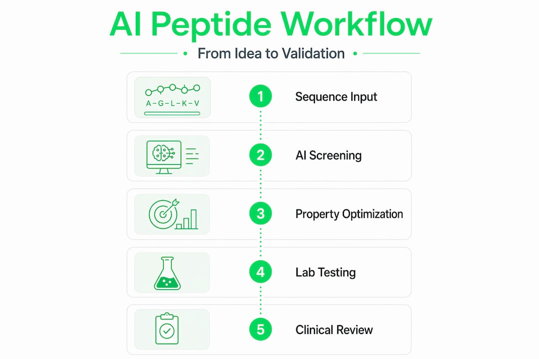 AI-driven peptide workflow steps infographic