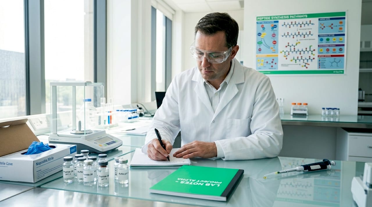 Chemist recording peptide synthesis results in laboratory
