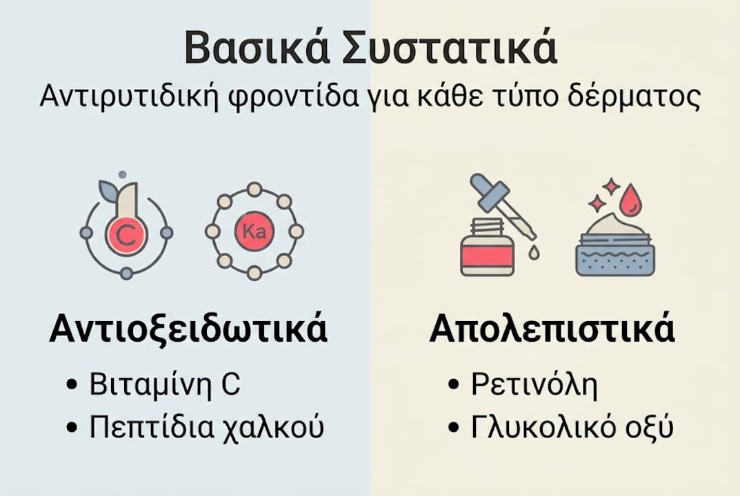 Εικονογραφημένος οδηγός με συστατικά περιποίησης που καταπολεμούν τα σημάδια της γήρανσης