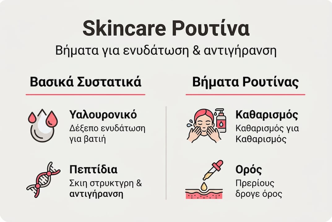 Εικονογραφημένος οδηγός με βήματα περιποίησης προσώπου και βασικά συστατικά για κάθε στάδιο