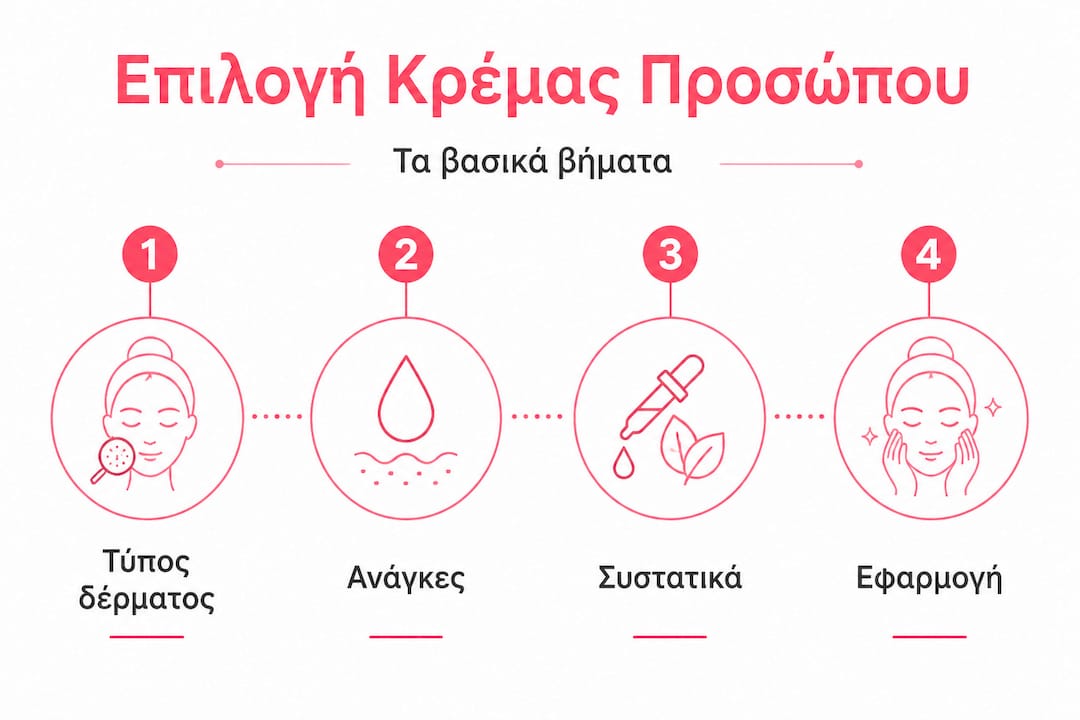 Εικόνα με βασικά βήματα για να βρεις την ιδανική κρέμα προσώπου