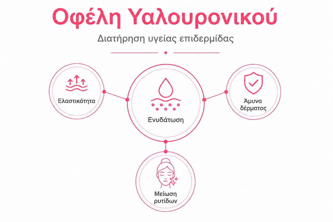 Διαδραστική απεικόνιση που παρουσιάζει τα βασικά οφέλη του υαλουρονικού οξέος για την επιδερμίδα, ταξινομημένα με σειρά σημαντικότητας.
