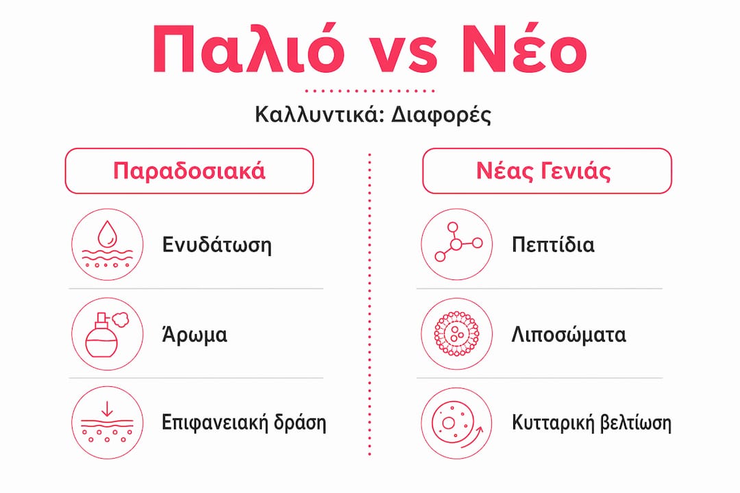Γραφικό με συγκριτική παρουσίαση ανάμεσα στα παραδοσιακά και τα σύγχρονα καλλυντικά