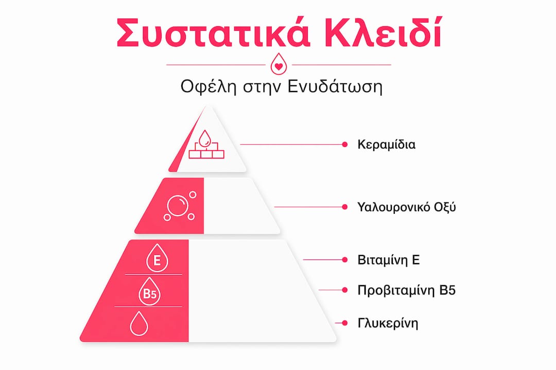 Ενημερωτικό γράφημα με πυραμίδα που παρουσιάζει τα βασικά συστατικά μιας ενυδατικής κρέμας