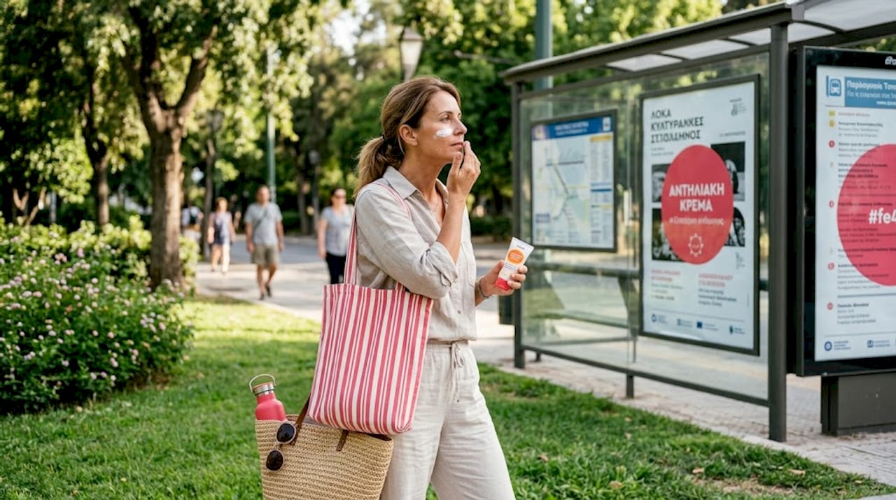 Μια γυναίκα απλώνει αντηλιακό περπατώντας στο πεζοδρόμιο της πόλης.