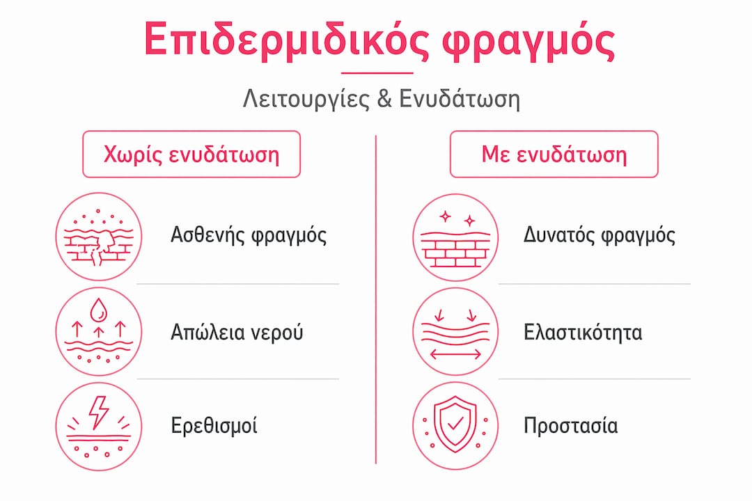 Γραφικό που απεικονίζει πώς λειτουργεί ο φραγμός της επιδερμίδας με και χωρίς επαρκή ενυδάτωση