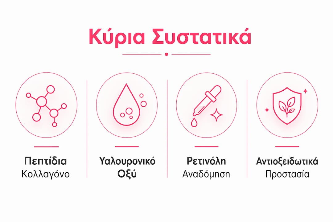 Εικονογραφημένη παρουσίαση με τα βασικά συστατικά και τα οφέλη της συσφικτικής κρέμας