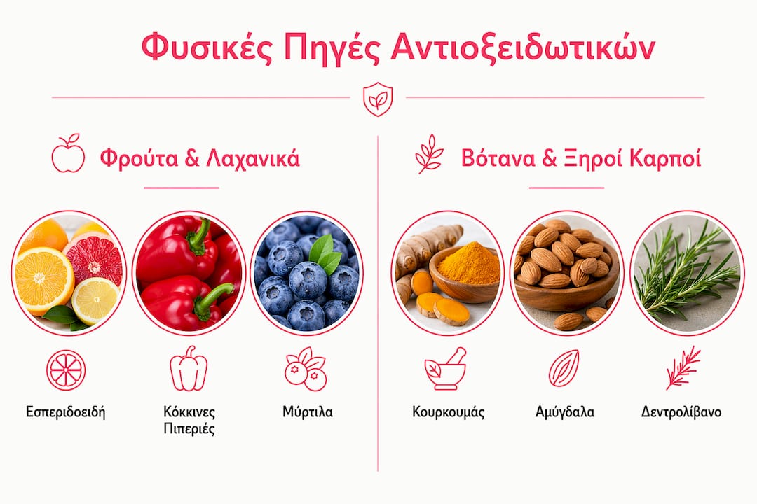 Εικονογράφηση που παρουσιάζει φυσικές πηγές αντιοξειδωτικών, χωρισμένες σε δύο βασικές κατηγορίες.