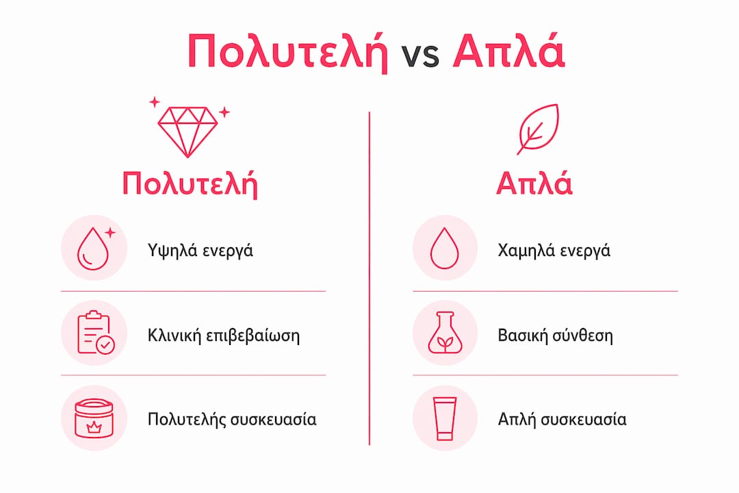 Γραφική απεικόνιση με τα βασικά σημεία που ξεχωρίζουν τα πολυτελή καλλυντικά από τα πιο οικονομικά
