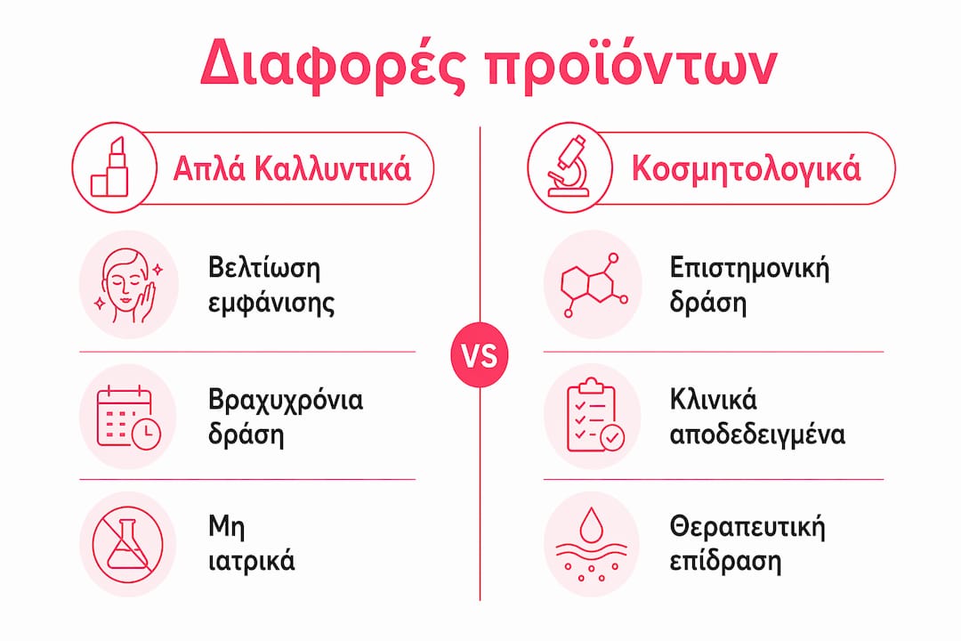 Εικονογράφηση που παρουσιάζει με σαφήνεια τις βασικές διαφορές ανάμεσα στα κοσμητολογικά προϊόντα και στα κοινά καλλυντικά.