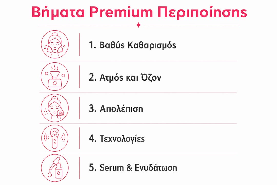 Εικονογράφηση με τα βασικά βήματα για ολοκληρωμένη περιποίηση προσώπου υψηλής ποιότητας