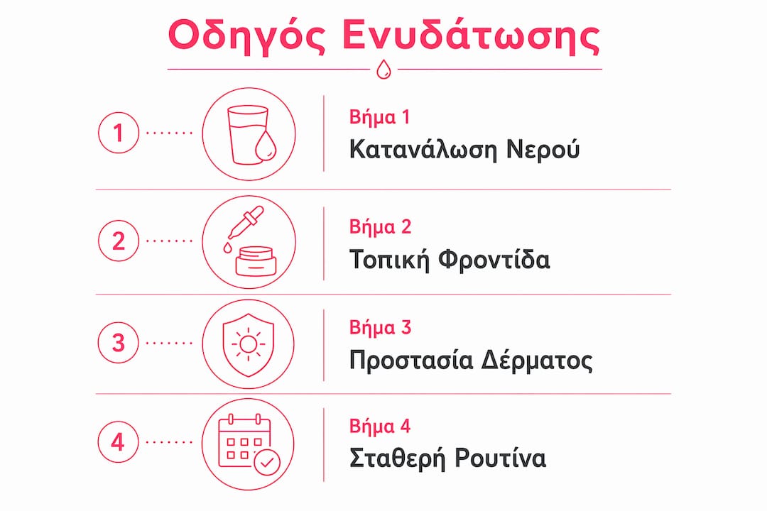 Διαδραστικό infographic με πρακτικές συμβουλές για σωστή ενυδάτωση, βήμα προς βήμα.