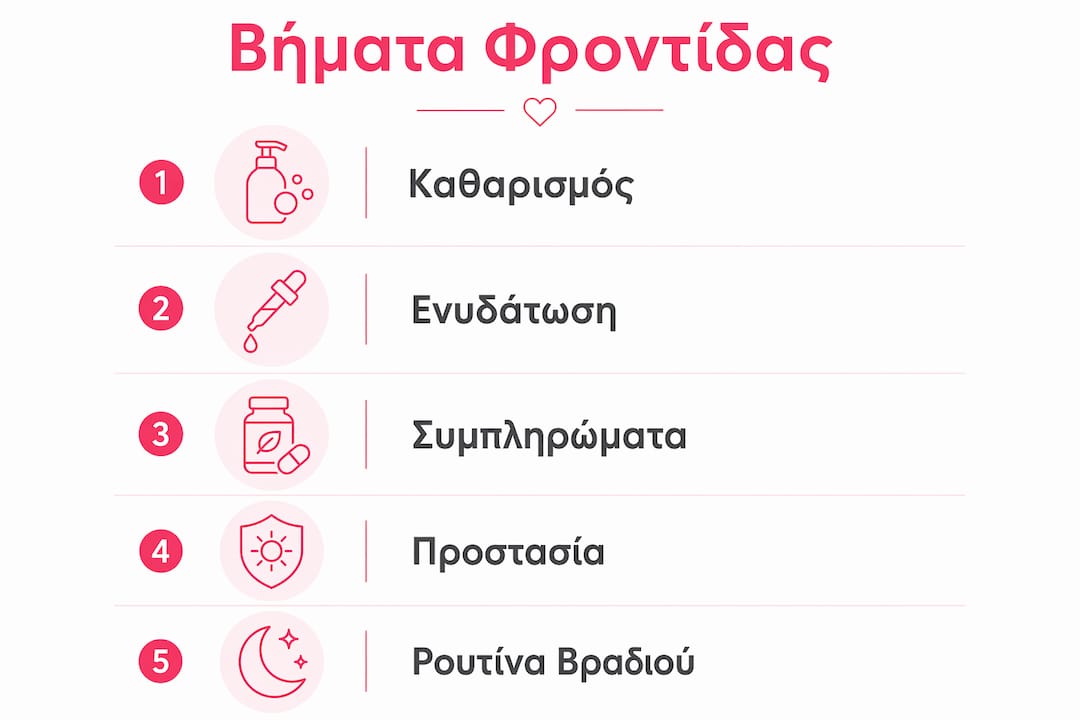 Οπτική παρουσίαση των βασικών βημάτων για τη φροντίδα του ξηρού δέρματος μέσα από απλά, κατανοητά εικονίδια